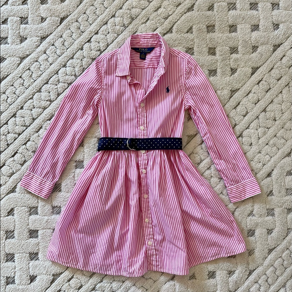 Ralph Lauren girls pink/white cotton dress with belt. Size 5.